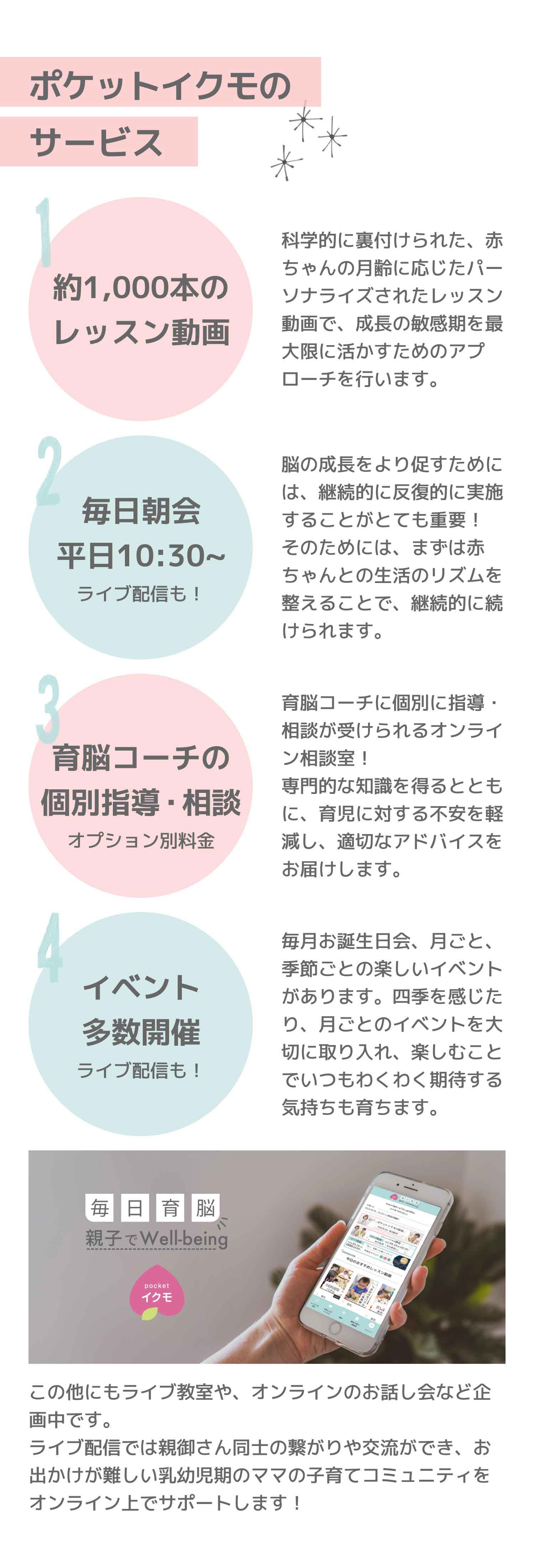 ポケットイクモのサービス。1、約1,000本のレッスン動画。科学的に裏付けられた、赤ちゃんの月齢に応じたパーソナライズされたレッスン動画で、成長の敏感期を最大限に活かすためのアプローチを行います。2、毎日朝会平日10:30~ライブ配信も！脳の成長をより促すためには、継続的に反復的に実施することがとても重要！そのためには、まずは赤ちゃんとの生活のリズムを整えることで、継続的に続けられます。3、育脳コーチの個別指導・相談。オプション別料金。育脳コーチに個別に指導・相談が受けられるオンライン相談室！専門的な知識を得るとともに、育児に対する不安を軽減し、適切なアドバイスをお届けします。4、イベント多数開催、ライブ配信も！。毎月お誕生日会、月ごと、季節ごとの楽しいイベントがあります。四季を感じたり、月ごとのイベントを大切に取り入れ、楽しむことでいつもわくわく期待する気持ちも育ちます。この他にもライブ教室や、オンラインのお話し会など企画中です。ライブ配信では親御さん同士の繋がりや交流ができ、お出かけが難しい乳幼児期のママの子育てコミュニティをオンライン上でサポートします！