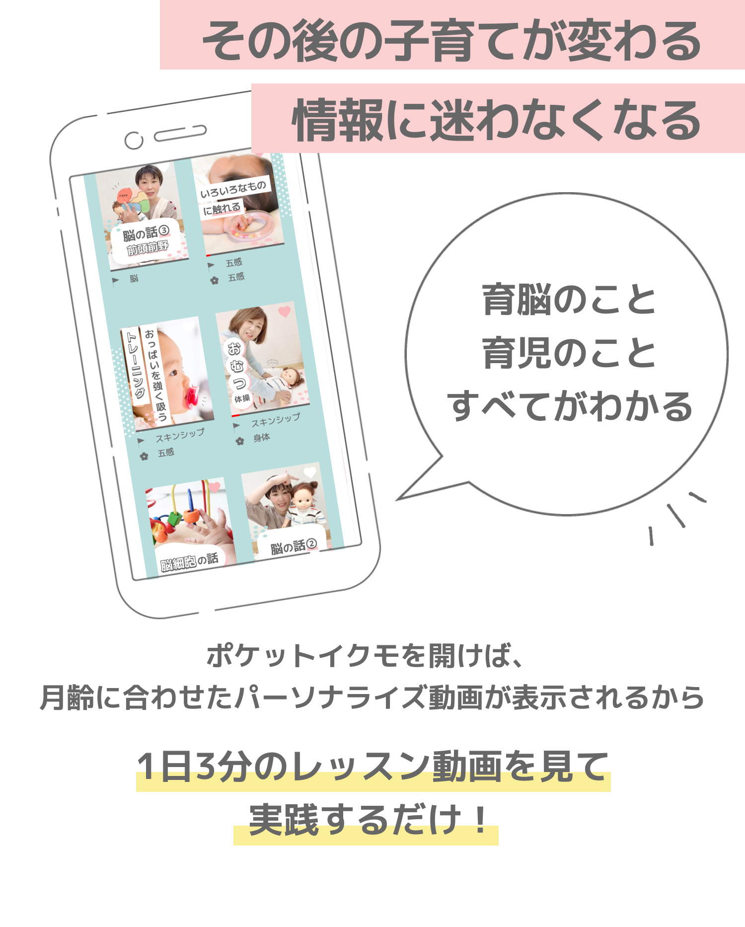 その後の子育てが変わる。情報に迷わなくなる。育脳のこと育児のこと、すべてがわかる。ポケットイクモを開けば、月齢に合わせたパーソナライズ動画が表示されるから、1日3分のレッスン動画を見て実践するだけ！